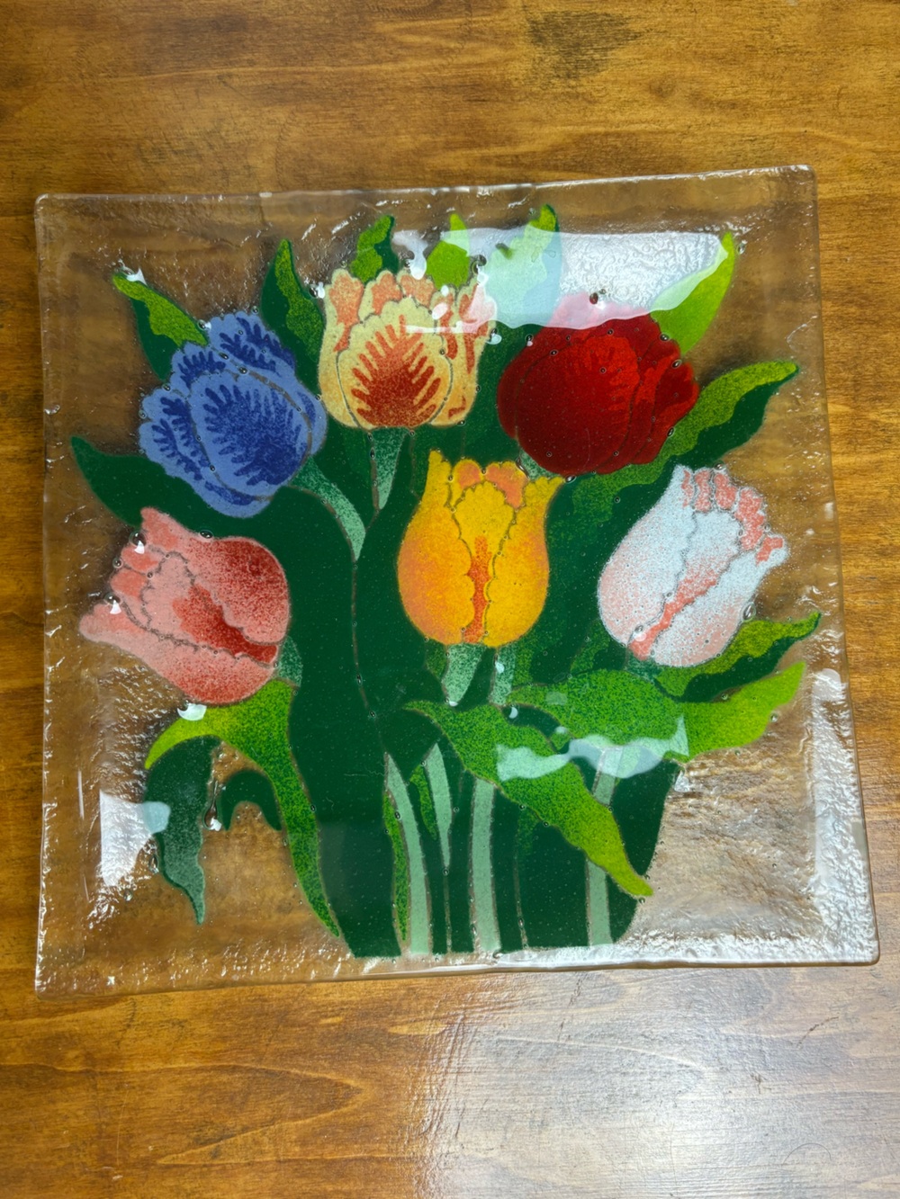Vintage Peggy Karr signed handmade fused art glass plate featuring tulip design